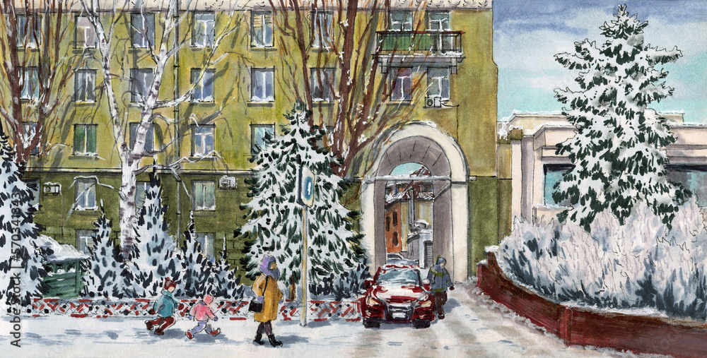 Obraz premium Winter cityscape. Big house with an arch and people on a walk. Handmade.