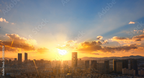 Canvas Print Aerial view of dramatic sunset or sunrise and blue sky