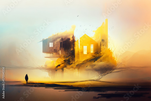 House in the clouds, artwork with double exposure - Generative AI  photo