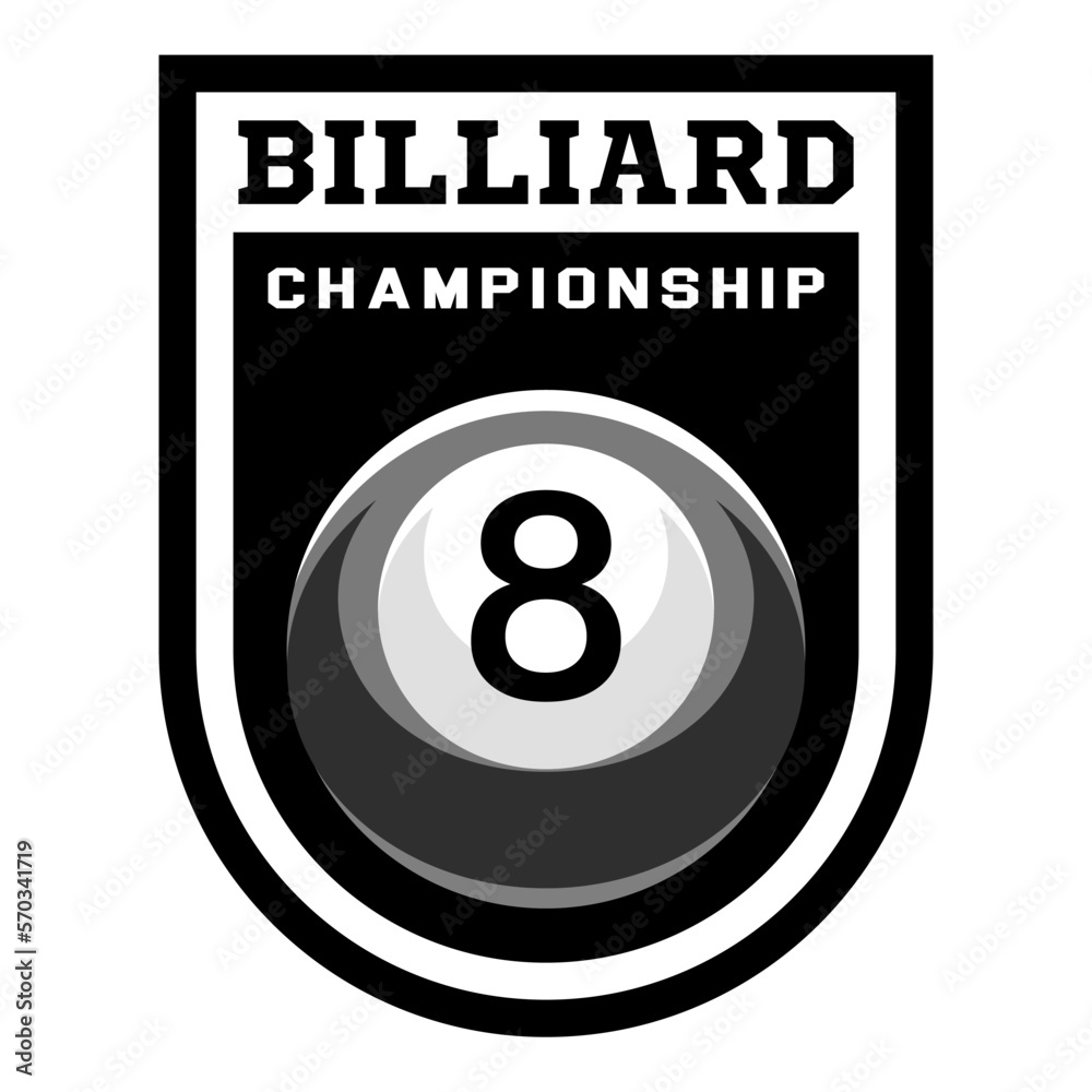 Billiard logo. Black ball color with the number eight. 8. Pool game. Snooker. Billiard logo. Black ball color with the number eight. 8. Pool game. Snooker.