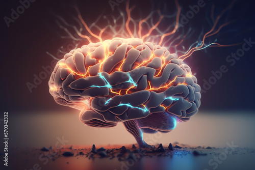 illustration of human brain with impulses of neuron. Generative AI photo