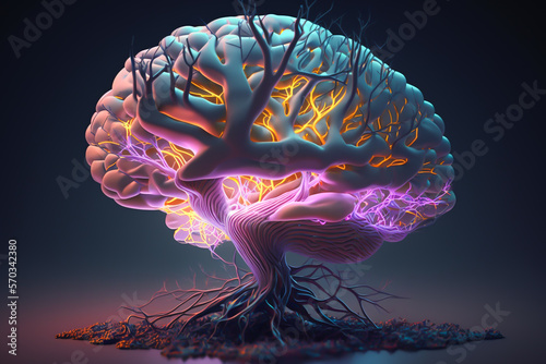 illustration of human brain with impulses of neuron. Generative AI photo