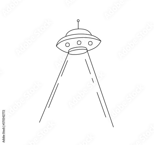 Vector isolated ufo flying saucer with light rays colorless black and white contour line easy drawing