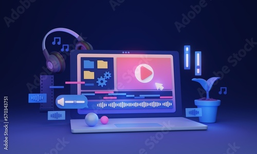 Video editing software concept, 3D illustration. App for media production. Editing capabilities for motion graphics and other video content. Professional media industry motion graphics design process. photo