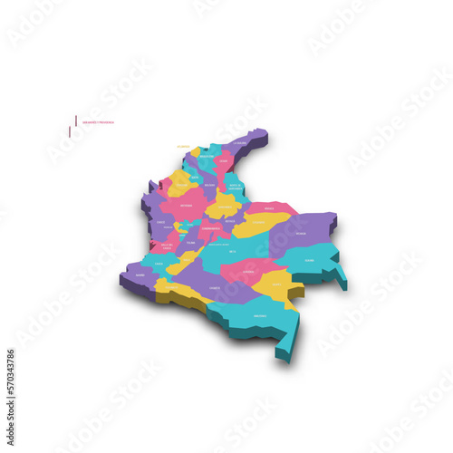 Colombia political map of administrative divisions - departments and capital district. Colorful 3D vector map with dropped shadow and country name labels.