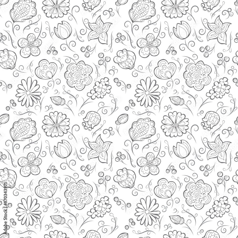 Seamless chain pattern of hand-drawn abstract flowers on white background. Doodle-style illustration. Black and white vector image. Design for print, fabric, wallpaper, floral arrangements Seamless chain pattern of hand-drawn abstract flowers on white background. Doodle-style illustration. Black and white vector image. Design for print, fabric, wallpaper, floral arrangements
