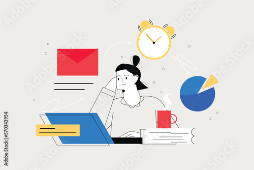 Line concept Deadline with people scene in the flat cartoon design. Girl work hard to complete all tasks in time. Vector illustration.
