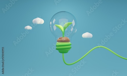 Green energy concept, 3D illustration.Eco friendly light bulb,innovative solution to environmental issues related to energy consumption.Sustainability and alternative energy sources to save the planet photo