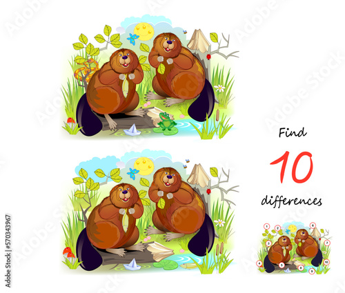 Find 10 differences. Illustration of cute beavers in the swamp. Logic puzzle game for children and adults. Page for kids brain teaser book. Developing counting skills. Vector drawing.