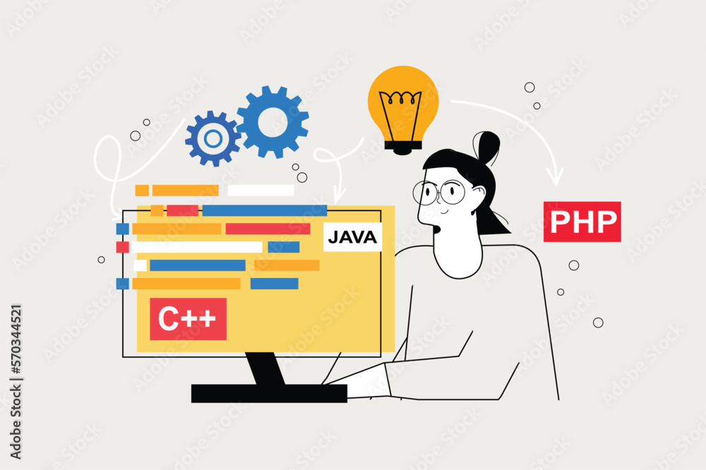 Programming line concept with people scene in the flat cartoon style ...