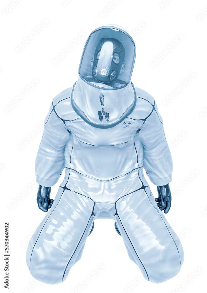bio hazard man on his knees in a white background bio hazard man on his knees in a white background