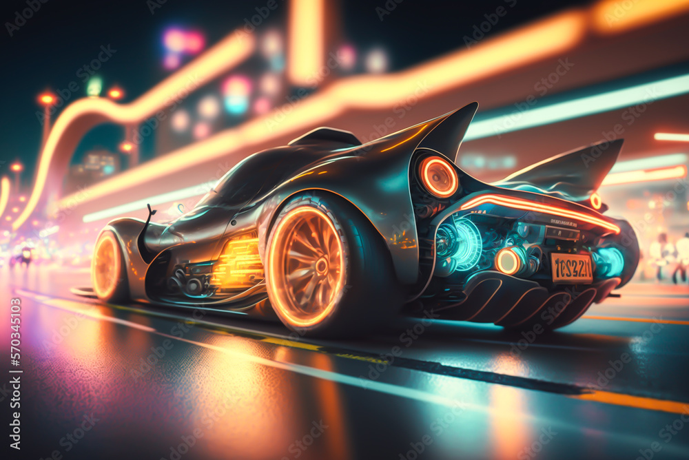 speedway with riding sport car in futuristic night city with neon lights, Postproducted generative AI digital illustration of non existing car model.
