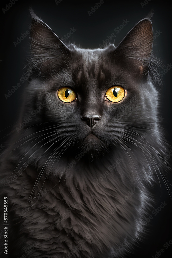 Portrait of a fluffy black cat with yellow eyes on black background. Generative Ai