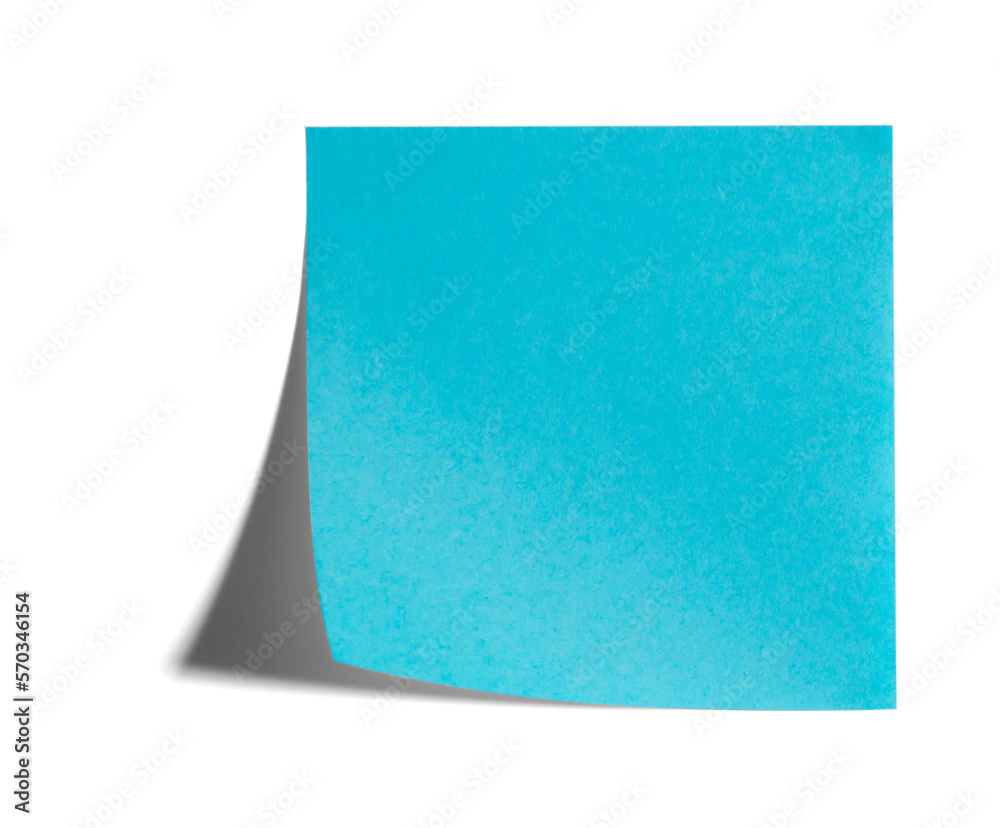 Blue blank paper office sticker with curled corner and shadow isolated on transparent background. Mocap. Reminder concept.