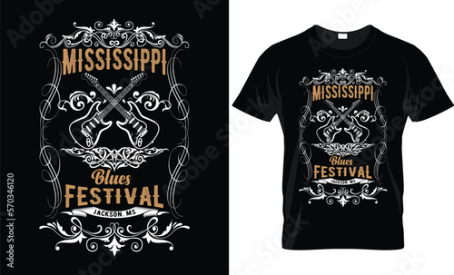 Mississippi blues festival t shirt design.  Guitar t shirt template. photo