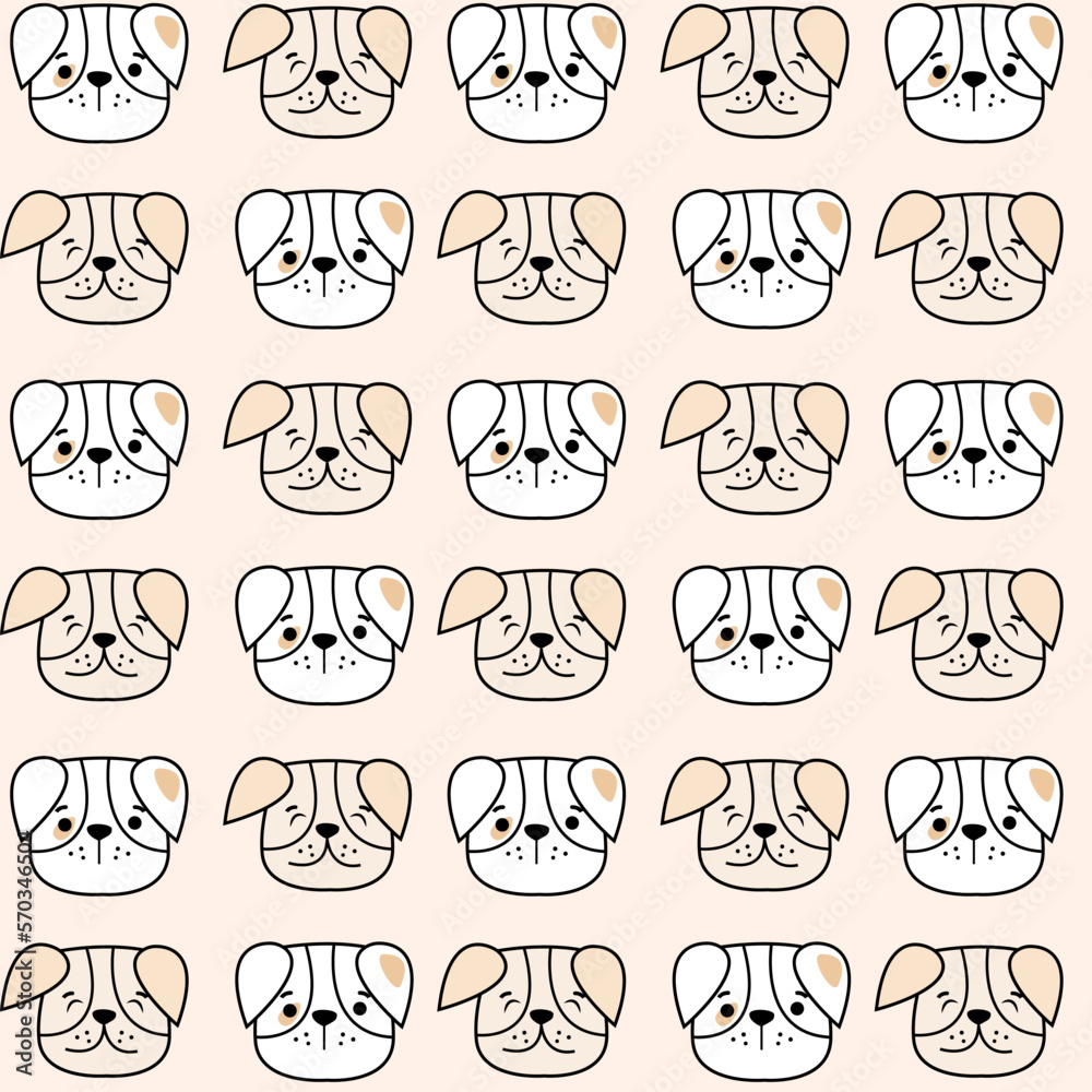 Cute dogs doodle seamless patern. Collection of dog faces. Hand drawn isolated vector illustration in doodle style.Vector illustration