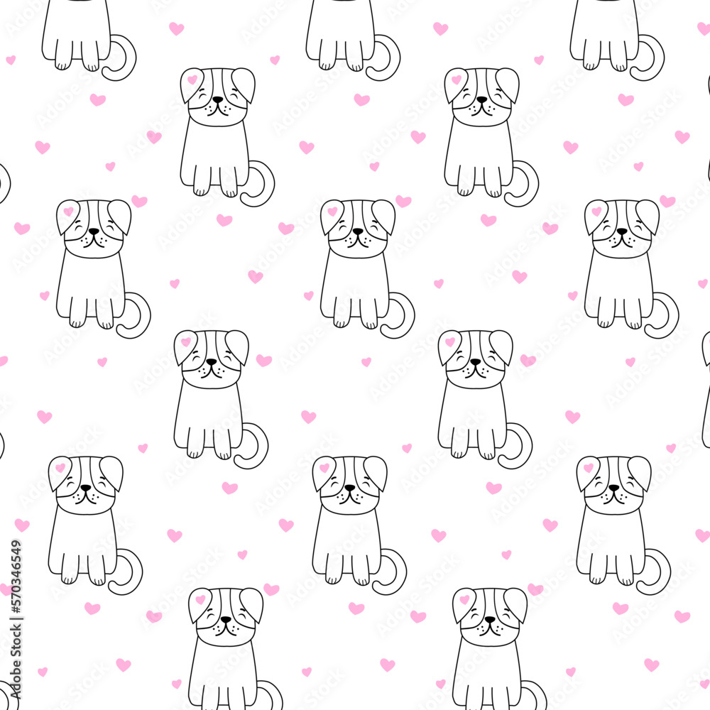 Patern.Collection of funny dog with pink hearts in cartoon style. Cute pet in daily routine, isolated on white background. Vector illustration