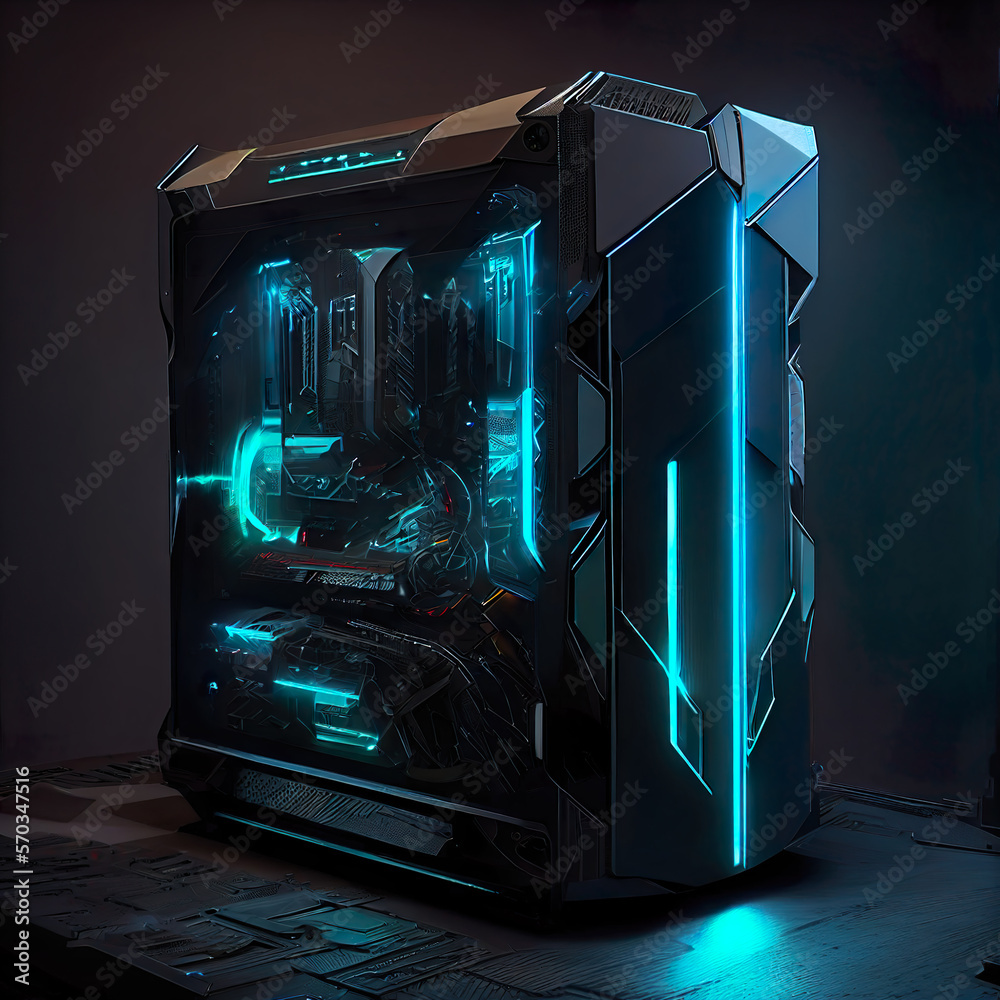 concept design of gaming workstation station custom pc computer build with  glass windows and RGB rainbow led Stock Illustration | Adobe Stock