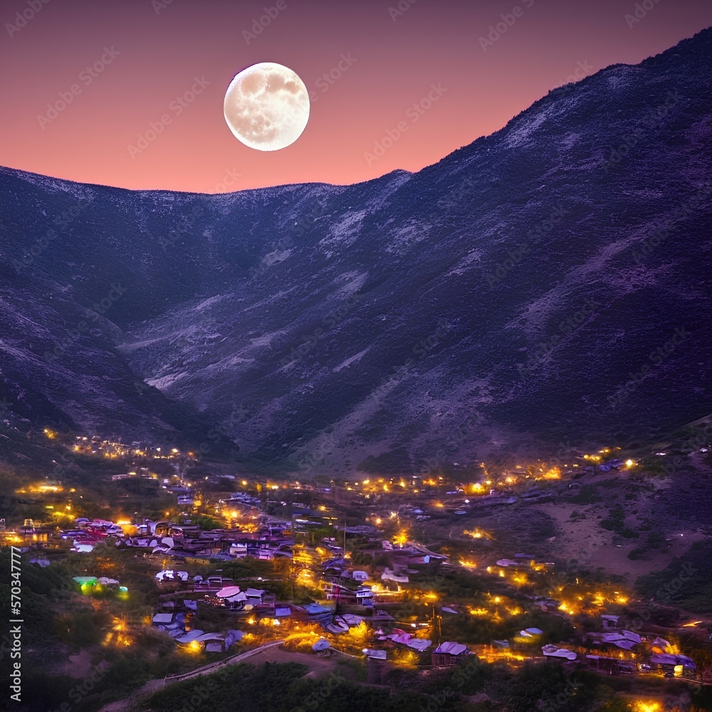 Full moon over quiet village at night. Beautiful night landscape of ...