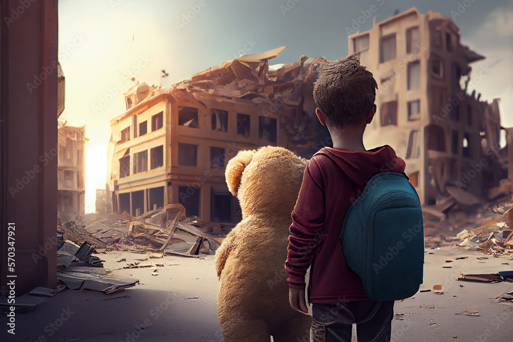 Kind mit Teddybär in der Hand läuft durch eine zerstörte Stadt nach der Erdbeben Katastrophe in der Türkei und sucht nach seiner Familie  - Generative Ai - obrazy, fototapety, plakaty 
