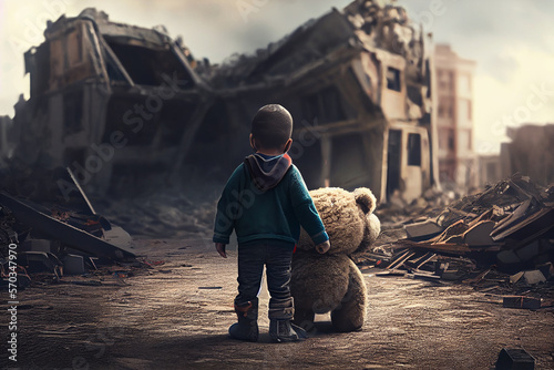 Kind mit Teddybär in der Hand läuft durch eine zerstörte Stadt nach der Erdbeben Katastrophe in der Türkei und sucht nach seiner Familie  - Generative Ai photo
