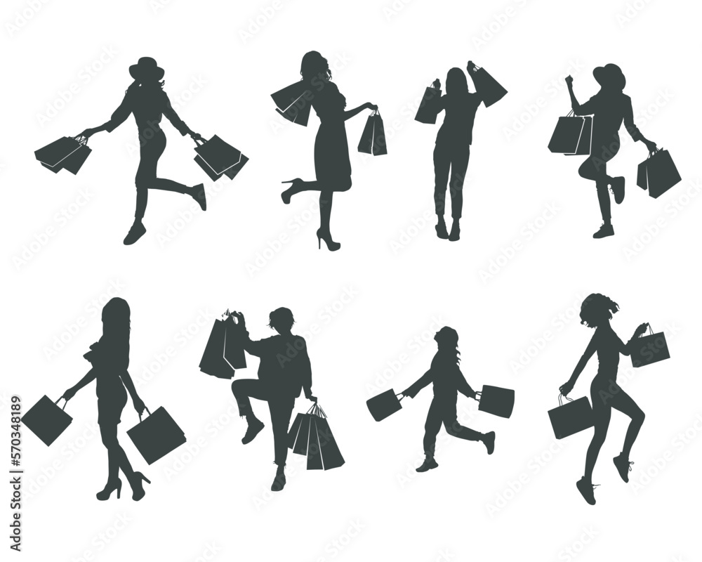 Obraz premium Woman shopping silhouette, Woman with shopping bags silhouettes