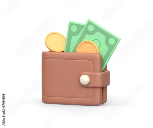 Realistic 3d icon of wallet with money banknotes and golden coins
