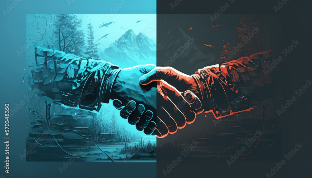 Polygonal wireframe handshake abstract blue, red composition as symbol ...