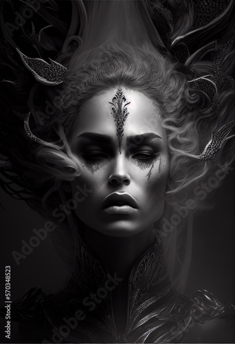 Dark fantasy woman queen with long hair pulled up, grim fantasy, black and white, well-defined cheekbones, wide eyebrows, surrealistic art, generative ai 