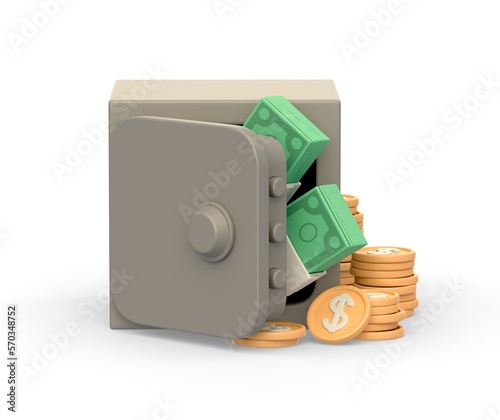 Realistic 3d icon of vault or safe box with money and coins