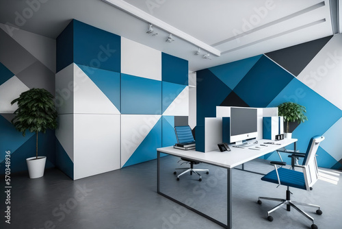 Stylish and spacious modern office with white and blue color scheme, generative ai