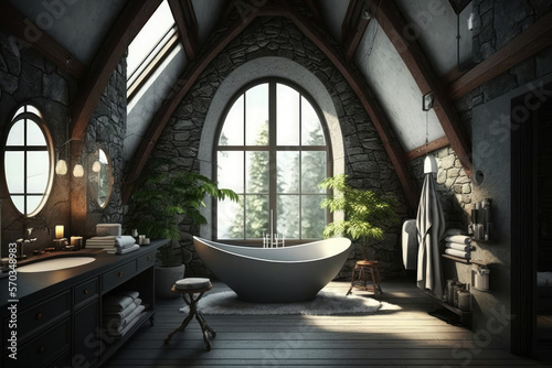 Stylish attic bathroom with stone tub and industrial accents  generative ai