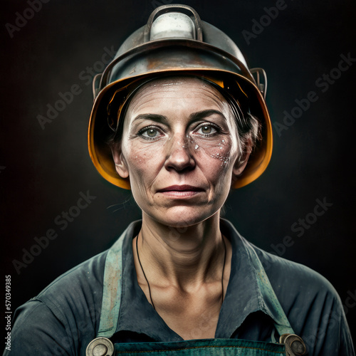 Portrait of a mature female worker in the mines wearing work clothes and a protective helmet,. photo