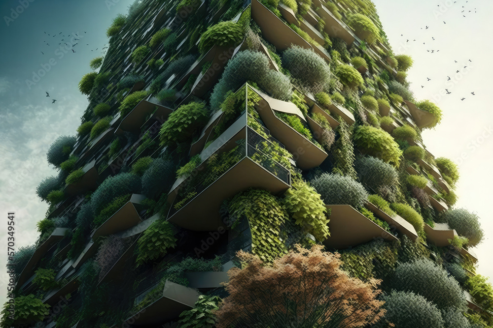 Vertical garden skyscraper, every surface covered in plants and trees