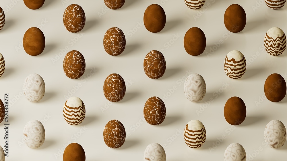dark and white chocolate eggs arranged in rows seen from isometric camera, 3d rendering dark and white chocolate eggs arranged in rows seen from isometric camera, 3d rendering
