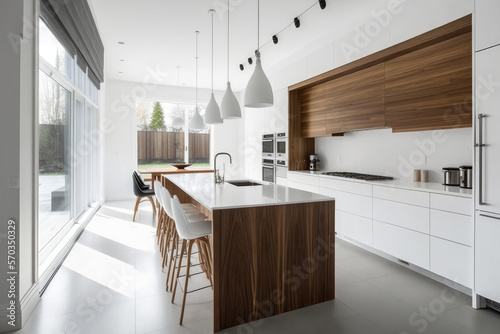 Bright and spacious minimalist kitchen with a wooden island and white cabinetry, generative ai