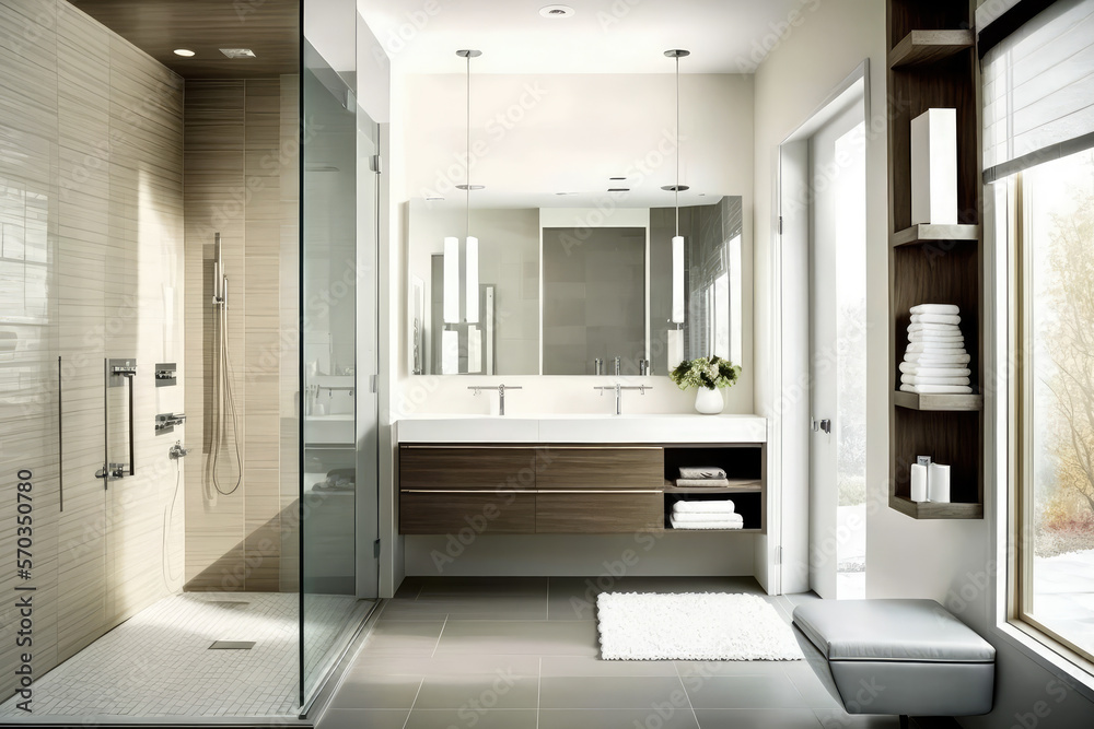 Contemporary bathroom with a sleek and modern shower, floating sink and tiles in neutral colors, creating a spa-like atmosphere, generative ai