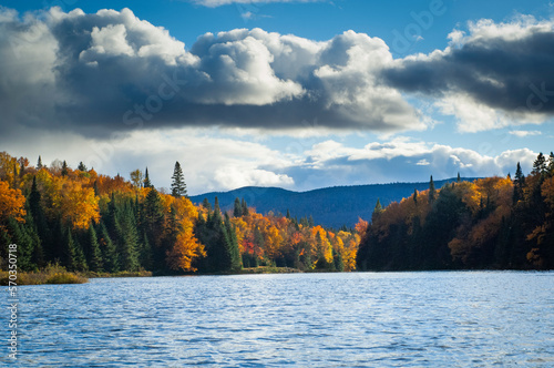 View of beautiful lake and forest in autumn colors