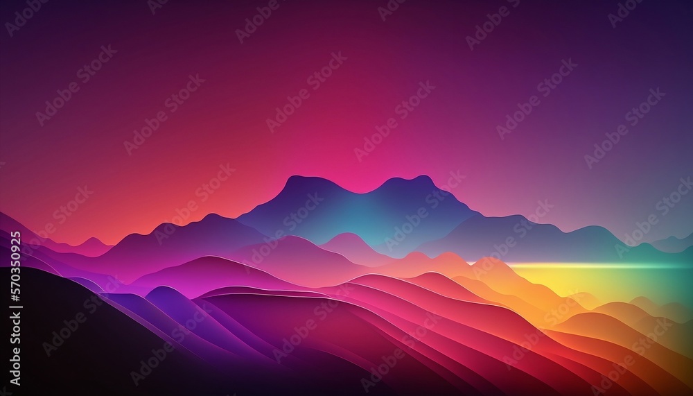 arrière plan abstrait gradient violet jaune bleu, silhouette montagnes, IA
