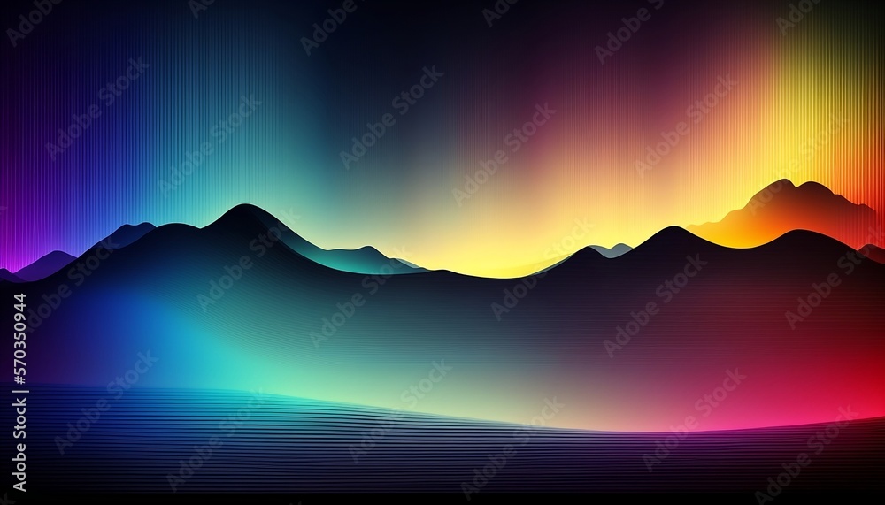 arrière plan abstrait gradient bleu violet jaune noir, silhouette montagnes, IA