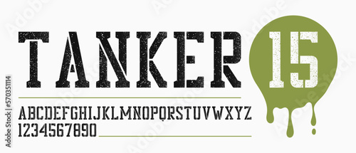 Stencil alphabet with spray paint texture. Painted graffiti spray stencil font with uppercase letters and numbers. Vintage stencil-plate typeface. Vector illustration.