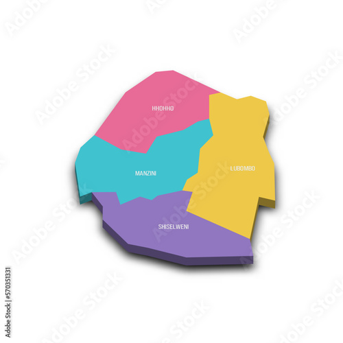 Eswatini political map of administrative divisions - regions. Colorful 3D vector map with dropped shadow and country name labels.