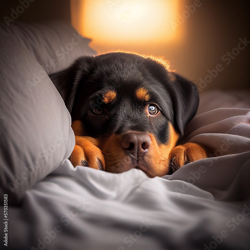 puppy in bed - Rottweiler laying in bed - adorable pet photography - AI Generated