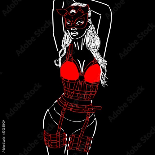 Belle femme sexy, en lingerie et sous-vêtements dessin noir blanc et rouge