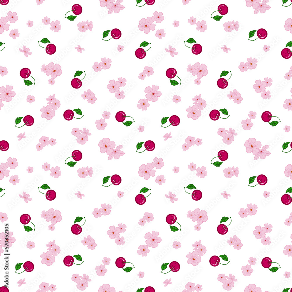 Seamless floral pattern with cherry sakura berries and flowers on white background. Hand-drawn vector illustration. Cover design, wallpaper, packaging, wrapping paper. Seamless floral pattern with cherry sakura berries and flowers on white background. Hand-drawn vector illustration. Cover design, wallpaper, packaging, wrapping paper.
