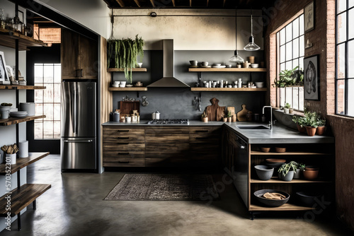 Industrial-style kitchen with concrete countertops and wooden open shelving, generative ai