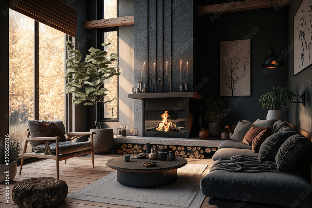 Luxurious japandi inspired living room with a cozy fireplace, generative ai