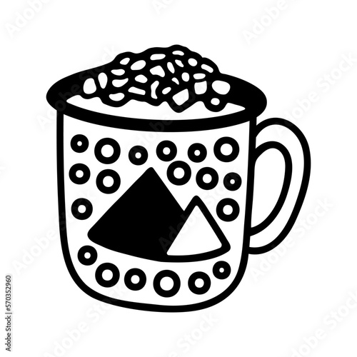 Hand drawn winter cup of cocoa with marshmallows and cream. Doodle vector illustration