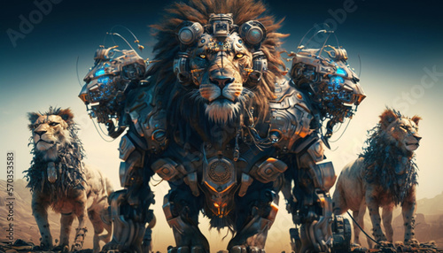 3D Rendered Futuristic Cyborg Lion AI Generative photo