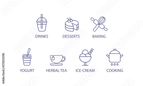 Cooking and drinks icon collection. Cooking icon outline. Cooking vector with descriptive.